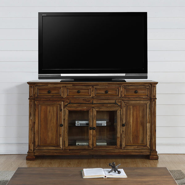 English Elm Barclay Acacia Wood Media Console Fully Assembled Rustic Storage with Glass Doors B108P481224