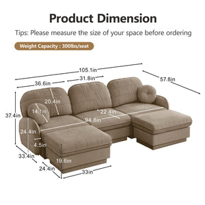 English Elm 105" Chenille U-shaped Sectional Sofa Deep Seat Cloud Couch with Movable Ottoman Light Coffee W714S01761