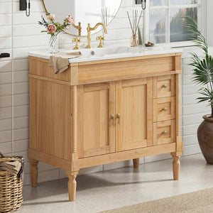 English Elm 36" Freestanding Bathroom Vanity Solid Wood Cabinet with Ceramic Sink and Soft Close Storage N729P300165N