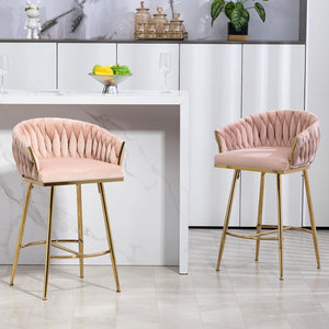 English Elm 26'' Plush Velvet Counter Stools Set of 2 with Adjustable Metal Legs, Gold Chrome Base & Footrest, Pink Luxury Seating W2215P184990