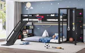 English Elm Twin Xl Metal Loft Bed with Climbing Wall Slide Basketball Hoop and Bookshelves W1580S00588