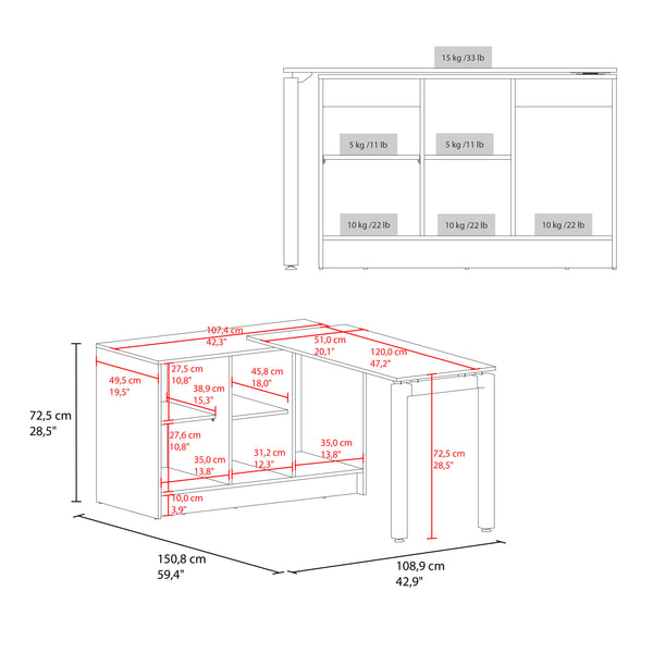 English Elm Desk Corner L-Shaped 28.5" H White Engineered Wood with 2 Doors, 5 Shelves, Space-Saving Office Organizer B097S00199