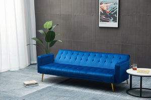English Elm Sofa Bed Velvet Upholstered Convertible with Gold Metal Legs for Studio Spaces Dark Blue B205P246427