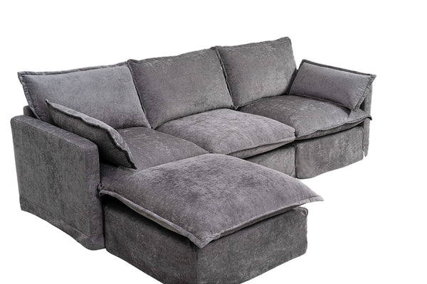 English Elm 93.31" Faux Linen Modular Sectional with Movable Ottoman for Living Room Office W2795S00003