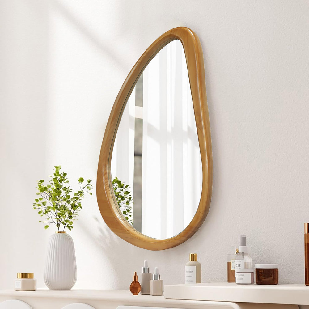 English Elm Modern Irregular Teardrop Wooden Wall Mirror Natural Frame 29.92"x20.08" Mid-Century Vanity Accent W2295P388971
