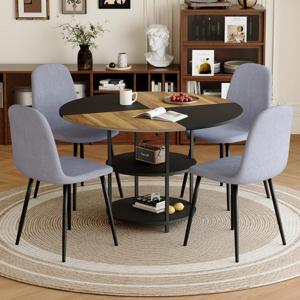 English Elm Table and Chair Set 47 Inch Round Mdf Spliced Top with Dual Tier Storage 4 Seats Black,Light Gray,Wood W1151S03336