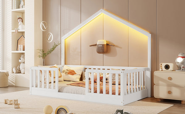 English Elm Twin Montessori Floor Bed House Frame with Led Lighting and Safety Rails for Kids White W2593P440594