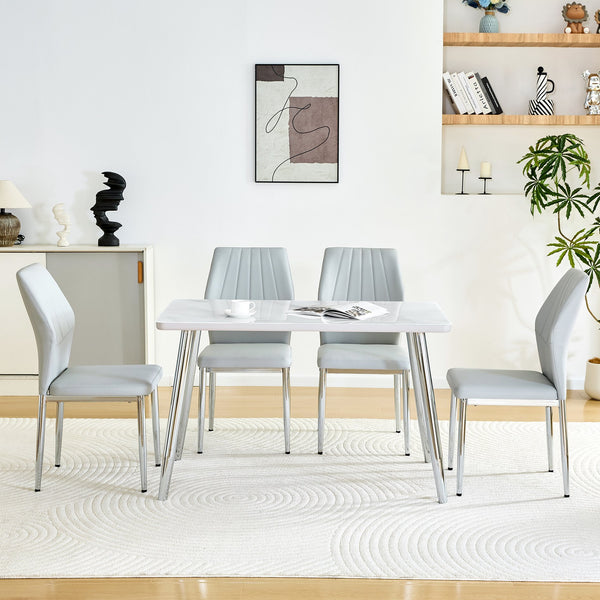 English Elm Table and Chair Set Marble Glass Top Silver Legs with Four Pu Seats for Dining W1151S04642