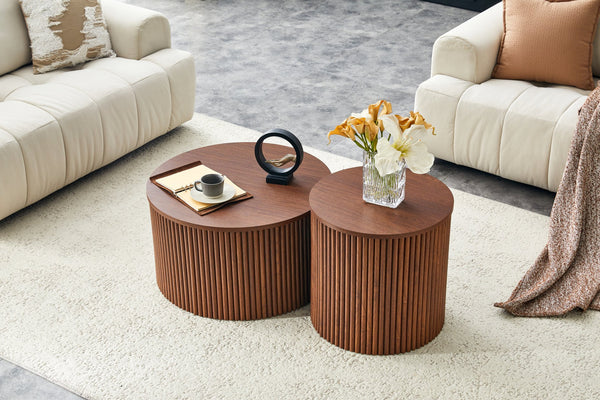 English Elm 2-piece Round Nesting Tables with Fluted Column Base Hidden Storage Oak Grain Finish Walnut W3875P396845