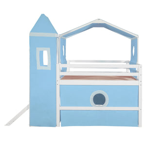 English Elm Full Size Castle Loft Bed with Slide Pink Tent Tower Pinewood Kids Play Frame LT000771AAC-1
