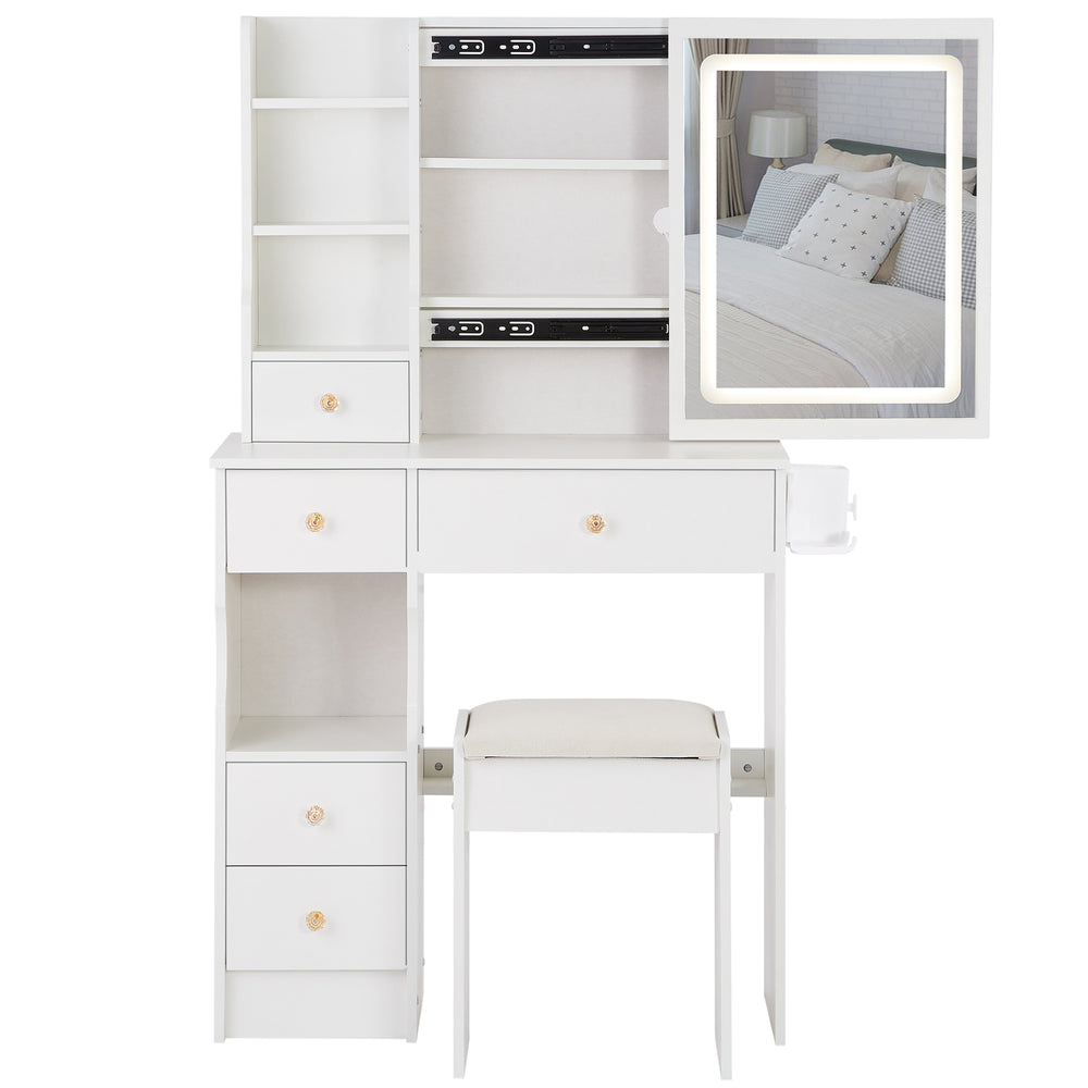 English Elm 29.2" Compact Left Drawer Vanity Table With Cushioned Stool, Led Mirror, Usb Ports & Hair Dryer Holder W3258P299616