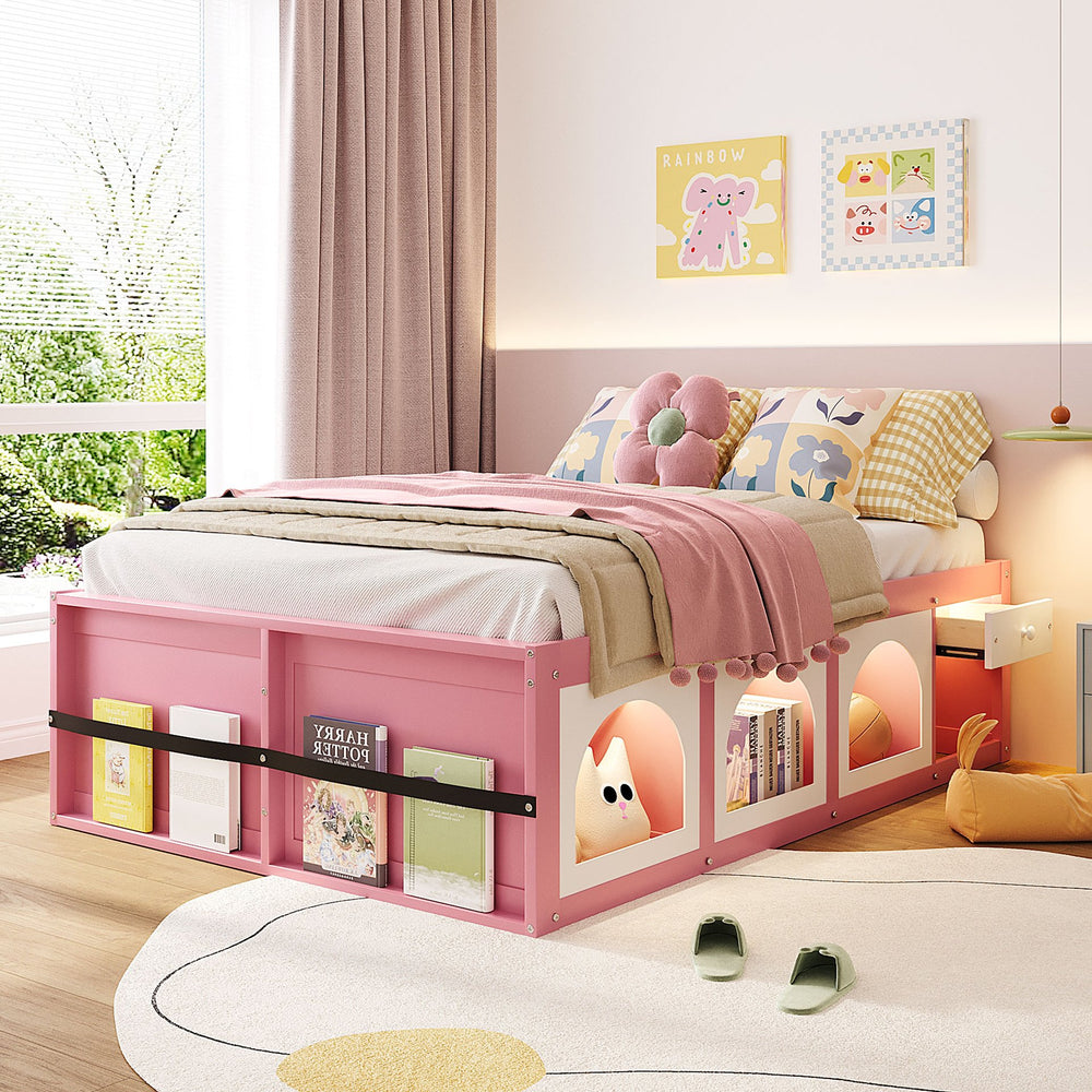 English Elm Full Size Kids Platform Bed with Led Lighting Bookshelf Display Cabinet and Storage Drawer Pink+White N820S00077H