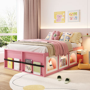 English Elm Full Size Kids Platform Bed with Led Lighting Bookshelf Display Cabinet and Storage Drawer Pink+White N820S00077H