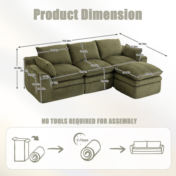 English Elm L Shaped Corduroy Modular Sectional with Cloud Cushions Footstool and Lumbar Pillows Emerald W395S00139