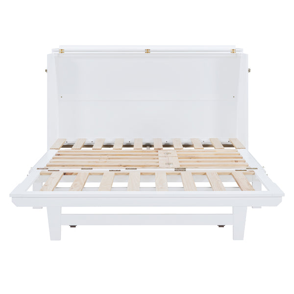 English Elm Murphy Queen Wall Bed with Frosted Glass Cabinet Facade Gold Legs Pine Frame White N820S00028K
