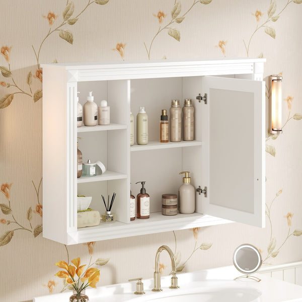 English Elm 42'' Wall Mount Medicine Cabinet White Mdf Mirror Door Six Open Shelves Towel Rod N710P363544K