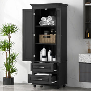English Elm Tall Slim Storage Cabinet with Adjustable Shelves, 2 Drawers & Doors, Anti-Tip Design for Bathroom Black WF299284AAB