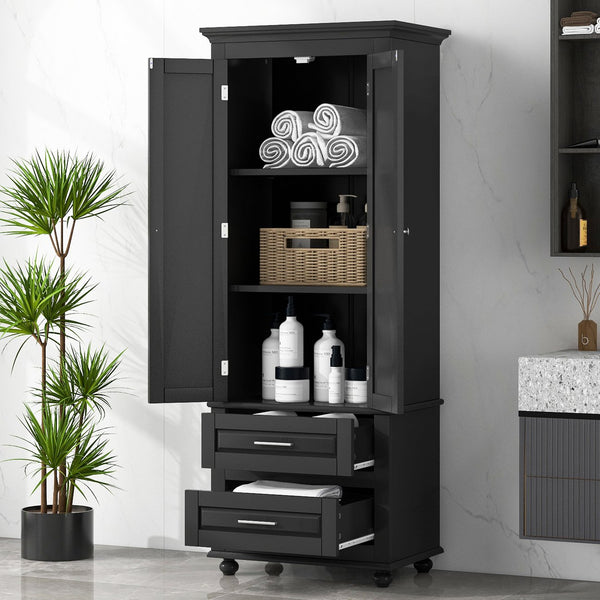 English Elm Tall Slim Storage Cabinet with Adjustable Shelves, 2 Drawers & Doors, Anti-Tip Design for Bathroom Black WF299284AAB