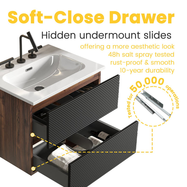 English Elm Gloria Floating Bathroom Vanity Walnut Black Ceramic Sink Soft Close Drawers W1865S00198