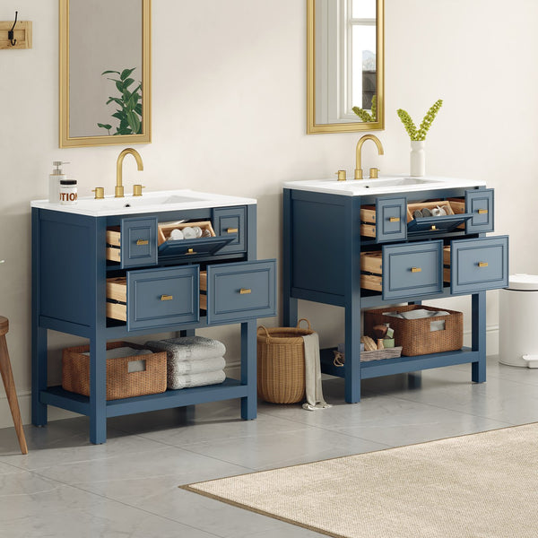 English Elm 60'' Bathroom Vanity Set With Ceramic Sink – Stylish Freestanding Storage Cabinet In Blue Finish N710SS00004C