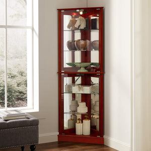 English Elm Corner Curio Display Cabinet with Mirrored Back, Interior Lighting, Adjustable Glass Shelves, Elegant Finish Cherry W1693P171669