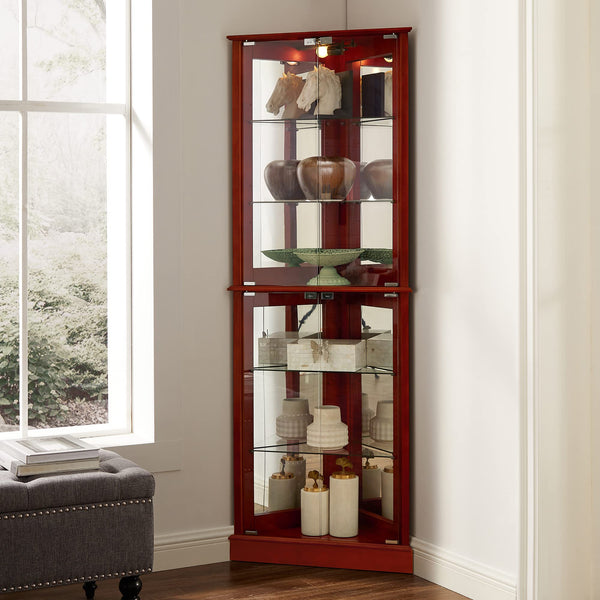 English Elm Corner Curio Display Cabinet with Mirrored Back, Interior Lighting, Adjustable Glass Shelves, Elegant Finish Cherry W1693P171669