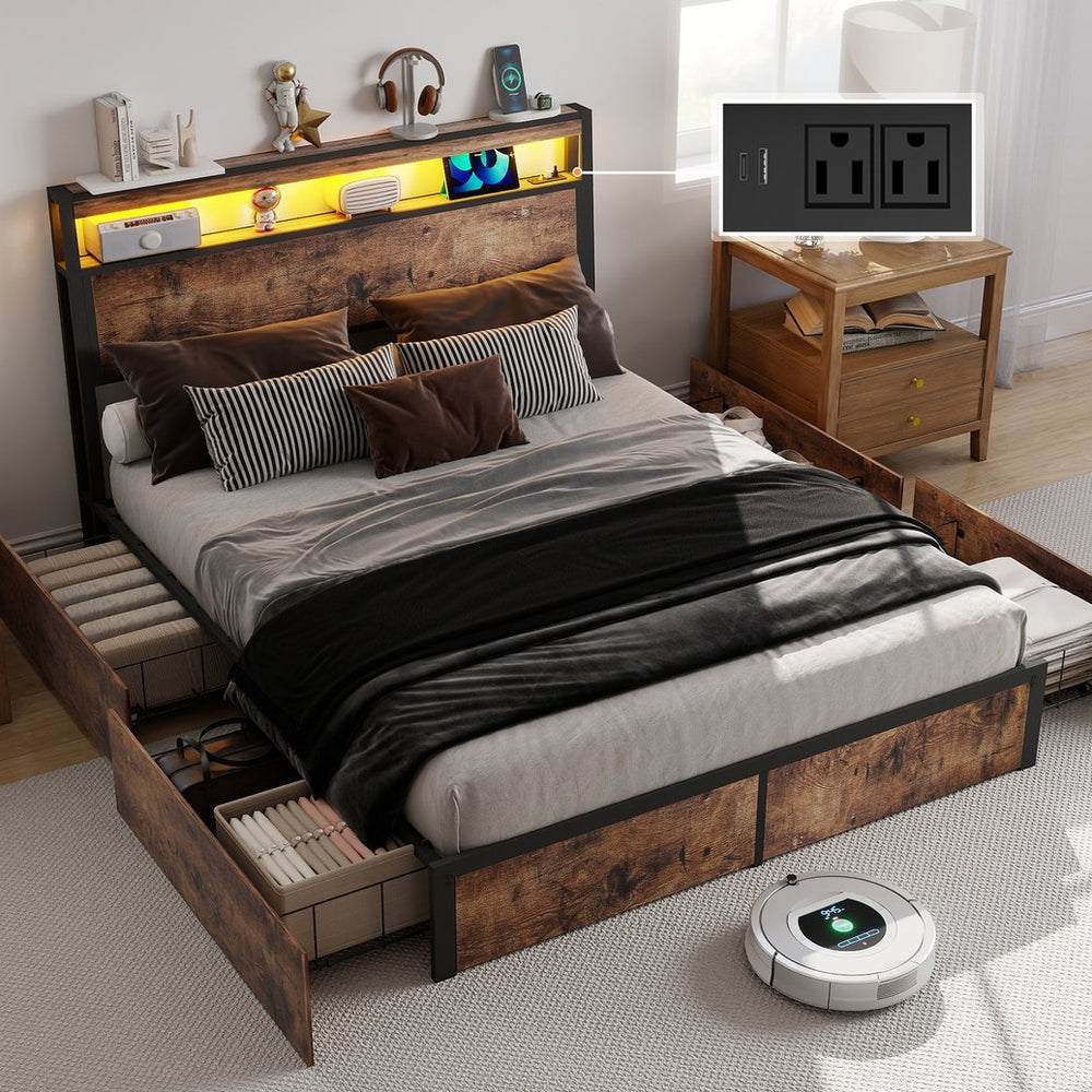 English Elm Queen Metal Platform Bed Rgb Led Headboard Charging Ports Under Storage 800lb T3963P491416