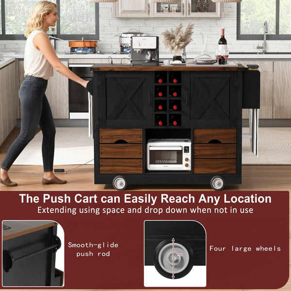 English Elm K&K 54" Farmhouse Kitchen Island Cart with Drop Leaf, Wine Rack, Power Outlet and Rolling Storage Black N707P349814B