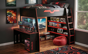English Elm Full Size Wood Loft Bed with Rgb Lighting Desk and Multi-tier Shelves for Gaming Red LT000374AAR
