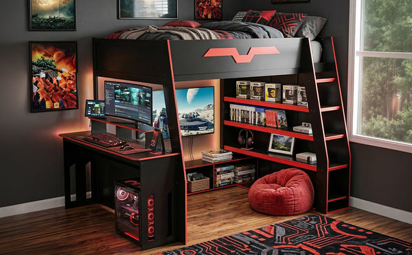 English Elm Full Size Wood Loft Bed with Rgb Lighting Desk and Multi-tier Shelves for Gaming Red LT000374AAR