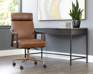 Sunpan Collin Office Chair - Stylish Bovine Leather with Elegant Iron Frame for Modern Workspace Comfort Brushed Gold, Brown, Shalimar Tobacco Leather