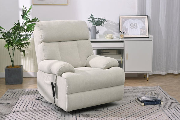 English Elm Oversized Power Lift Recliner Chair with Remote Control, Spacious Fabric Seat and Side Pocket for Comfort and Support Light Gray W1028P261273