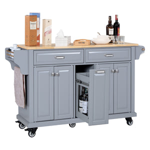 English Elm Kitchen Island Rubber Wood Countertop Mobile Cart with Towel & Spice Racks, Drawers, Storage Wheels Grey W914P147989