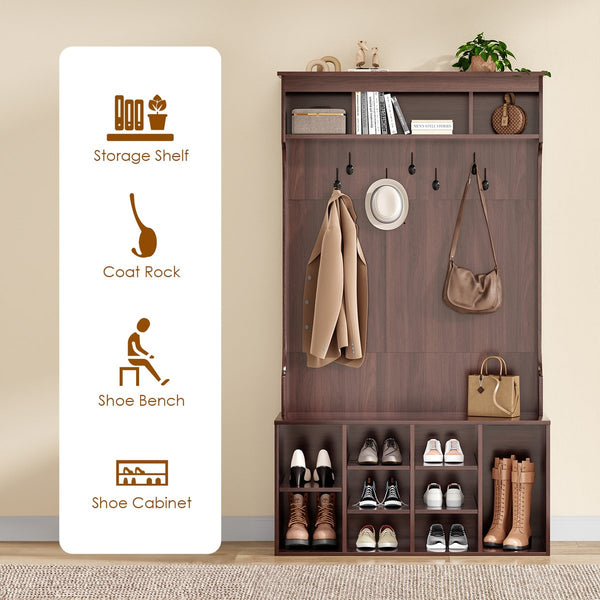 English Elm 70.9 Inch Freestanding Hall Tree with Bench Shoe Cubbies and 7 Hooks for Entryway Dark Walnut T3623P434554