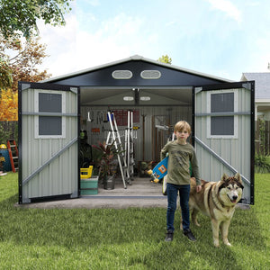 English Elm Outdoor Metal Storage Shed 8x8 Ft with Four Windows and Lockable Double Doors Dark Gray W1598S00041