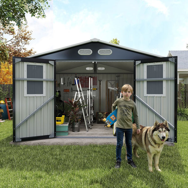 English Elm Outdoor Metal Storage Shed 8x8 Ft with Four Windows and Lockable Double Doors Dark Gray W1598S00041