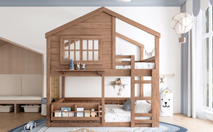 English Elm Full Bunk Bed with Trundle Bookshelf Storage Pine Frame Car Design for Kids Natural W1580S00522