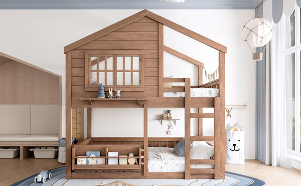 English Elm Full Bunk Bed with Trundle Bookshelf Storage Pine Frame Car Design for Kids Natural W1580S00522