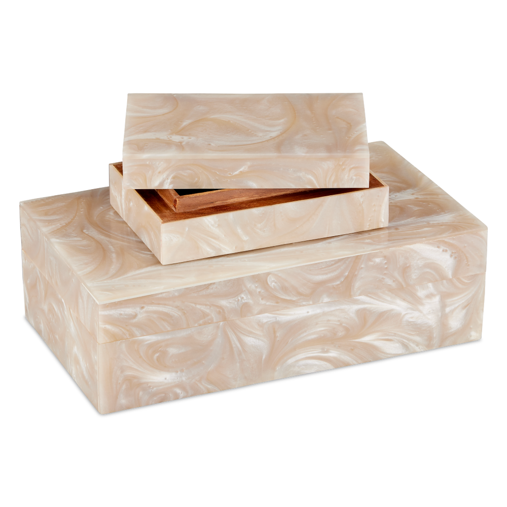 Perlas Swirl Box Set of 2 - Elegant Ivory Composite Storage with Natural Wood Interior, 3" Height