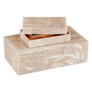 Perlas Swirl Box Set of 2 - Elegant Ivory Composite Storage with Natural Wood Interior, 3" Height