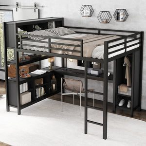 English Elm Metal Loft Bed With Wardrobe, L-Shaped Desk & Storage Cubes - Stylish Space-Saving Queen Solution W1580S00109