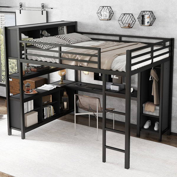 English Elm Metal Loft Bed With Wardrobe, L-Shaped Desk & Storage Cubes - Stylish Space-Saving Queen Solution W1580S00109