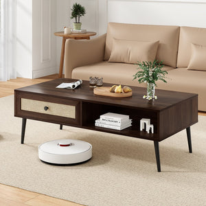 English Elm Mid-Century 47" Rectangular Coffee Table with Rattan Drawer, Open Shelf & Metal Legs for Living Room Walnut T3623P380005
