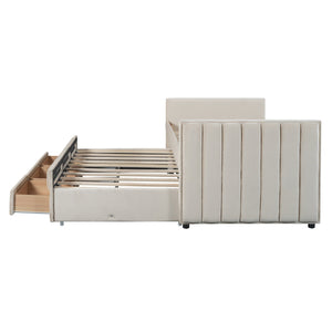 English Elm Twin Upholstered Daybed with Pull-Out Trundle and 3 Drawers, Velvet Finish, Solid Frame, Slat Kit Included Beige SF000147AAA