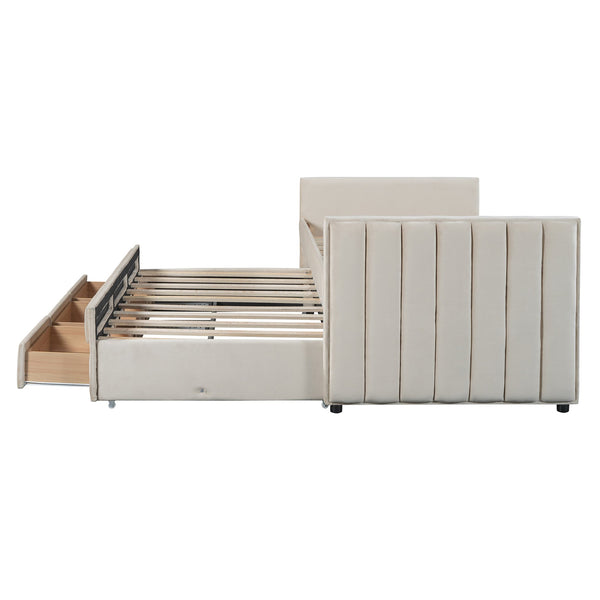 English Elm Twin Upholstered Daybed with Pull-Out Trundle and 3 Drawers, Velvet Finish, Solid Frame, Slat Kit Included Beige SF000147AAA