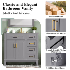 English Elm 36" Gray Modern Bathroom Vanity with Ceramic Sink, Solid Wood Frame, Soft-Close Doors & 4 Drawers N729P253935E