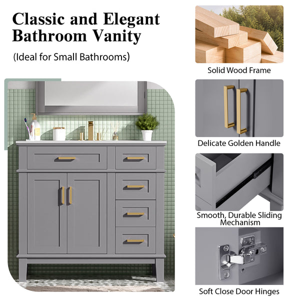 English Elm 36" Gray Modern Bathroom Vanity with Ceramic Sink, Solid Wood Frame, Soft-Close Doors & 4 Drawers N729P253935E