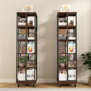 English Elm 5 Tier Rotating Corner Bookcase Rustic Brown Steel Wood Spinning Floor Shelf W2641P399191