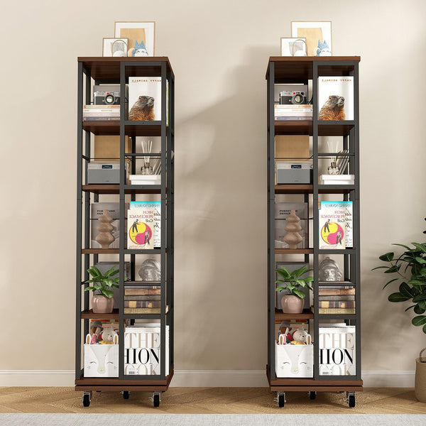 English Elm 5 Tier Rotating Corner Bookcase Rustic Brown Steel Wood Spinning Floor Shelf W2641P399191