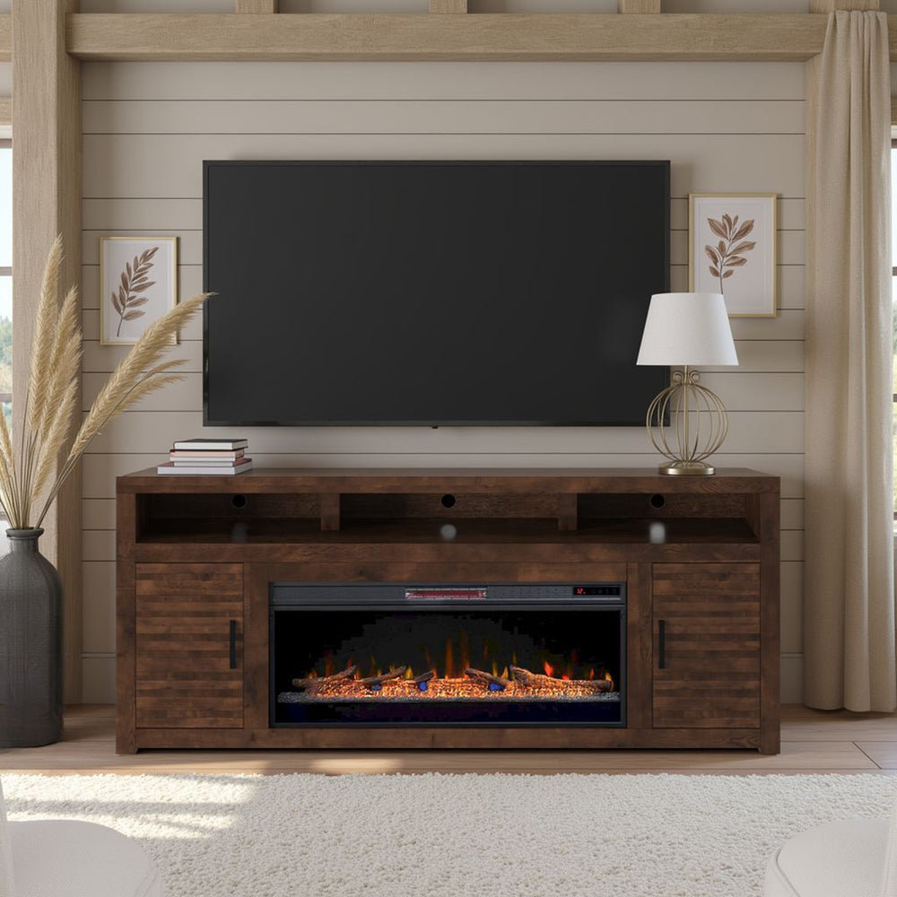 English Elm 78 78 inch Whiskey Electric Fireplace TV Stand Console for TVs to 95", Knotty Alder, Storage, Remote Heat B108P160236